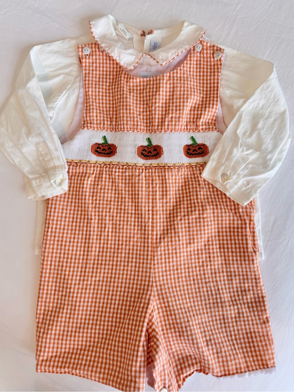 Vive La Fete Pumpkin Smocked Shortall with matching long sleeve shirt (size 3T)